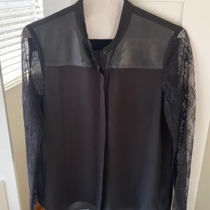 THE KOOPLES mixed media lace and leather black top blouse XS women’s dress shirt